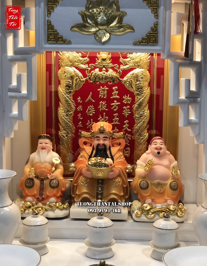 Bộ tượng 3 Ông Thần Tài Thần Thiền Thổ Địa áo gấm vàng cam đẹp