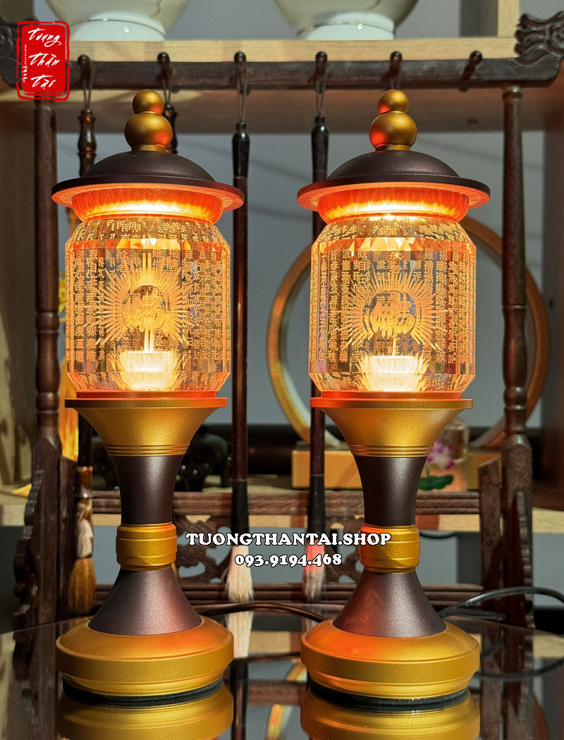 Đèn thờ điện tâm kinh chữ Phật thân hợp kim