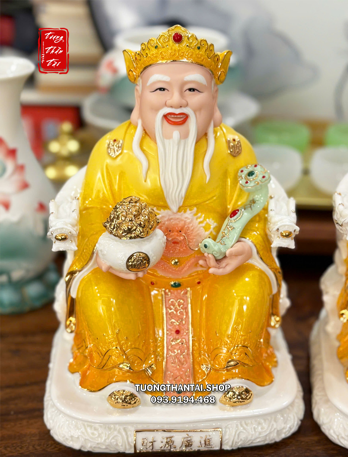 Tượng Ông Địa Thần Tài sứ áo vàng hũ vàng