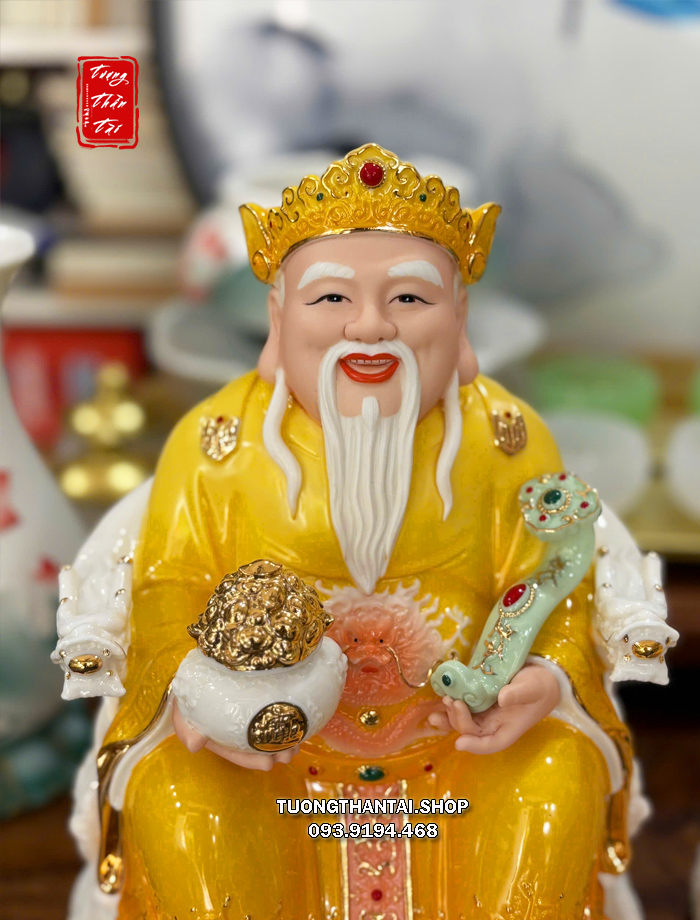 Tượng Ông Địa Thần Tài sứ áo vàng hũ vàng