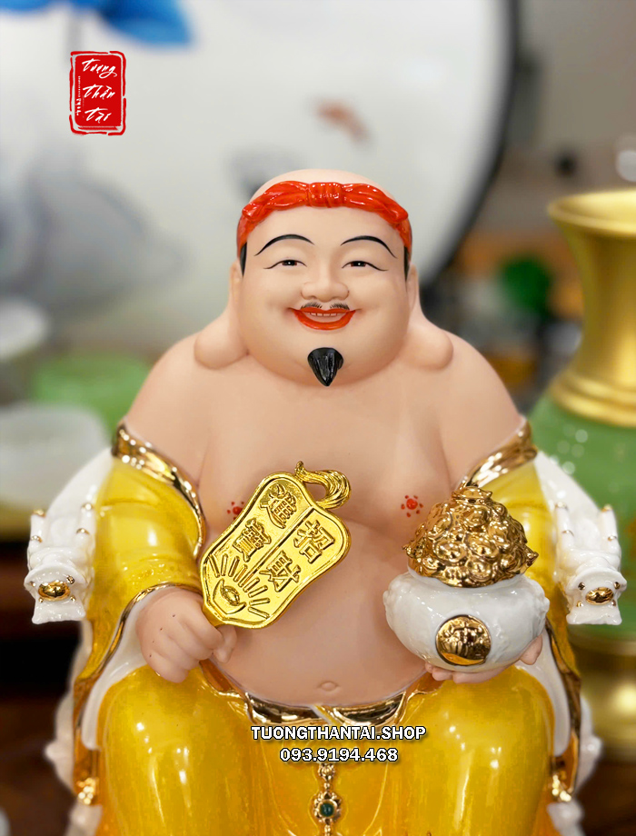 Tượng Ông Địa Thần Tài sứ áo vàng hũ vàng