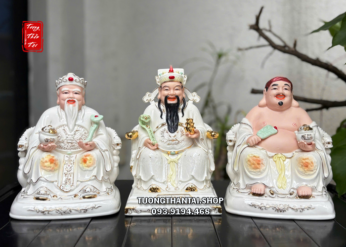 Bộ tượng 3 ông Thần Tài Thổ Địa Thần Tiền bằng sứ trắng