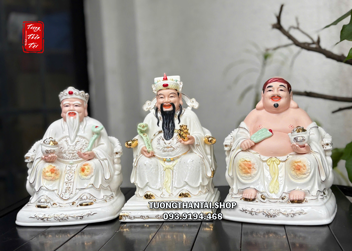 Bộ tượng 3 ông Thần Tài Thổ Địa Thần Tiền bằng sứ trắng
