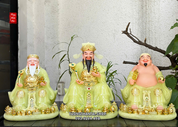 Bộ 3 ông Thần Tài Thổ Địa Thần Tiền thạch ngọc ngồi thỏi vàng