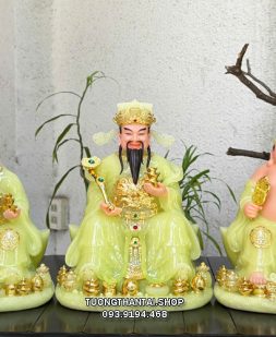Bộ 3 ông Thần Tài Thổ Địa Thần Tiền thạch ngọc ngồi thỏi vàng