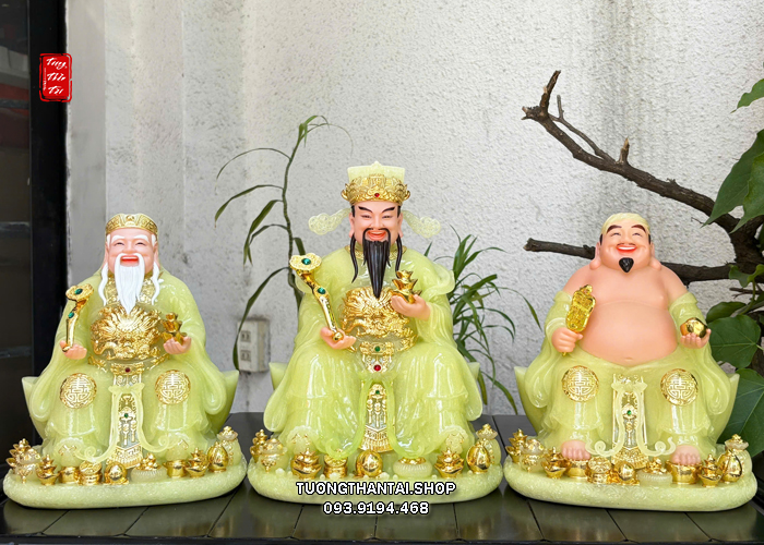 Bộ 3 ông Thần Tài Thổ Địa Thần Tiền thạch ngọc ngồi thỏi vàng