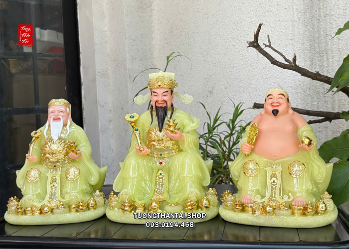 Bộ 3 ông Thần Tài Thổ Địa Thần Tiền thạch ngọc ngồi thỏi vàng