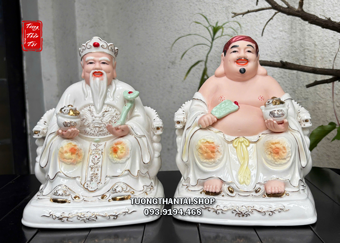 Tượng Thần Tài Thổ Địa hũ vàng sứ trắng như ý quạt sứ xanh