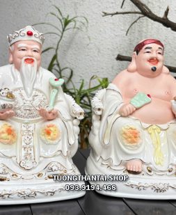 Tượng Thần Tài Thổ Địa hũ vàng sứ trắng như ý quạt sứ xanh