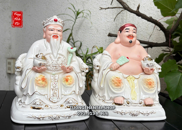 Tượng Thần Tài Thổ Địa hũ vàng sứ trắng như ý quạt sứ xanh