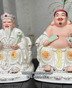Tượng Thần Tài Thổ Địa hũ vàng sứ trắng như ý quạt sứ xanh