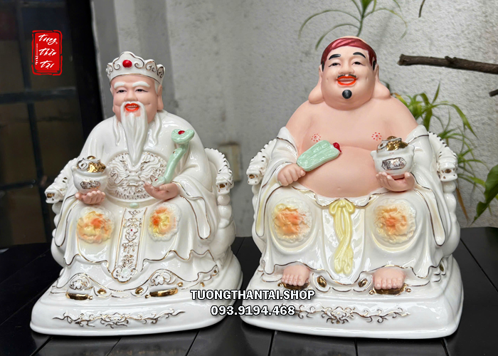 Tượng Thần Tài Thổ Địa hũ vàng sứ trắng như ý quạt sứ xanh