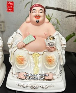 Tượng Thần Tài Thổ Địa hũ vàng sứ trắng như ý quạt sứ xanh