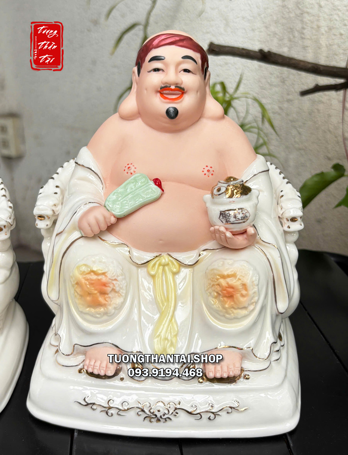 Tượng Thần Tài Thổ Địa hũ vàng sứ trắng như ý quạt sứ xanh