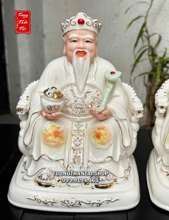 Tượng Thần Tài Thổ Địa hũ vàng sứ trắng như ý quạt sứ xanh
