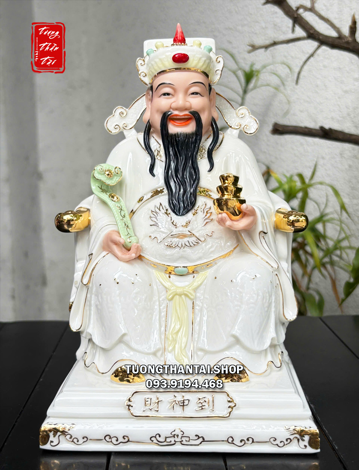 Tượng Thần Tiền như ý thỏi vàng bằng sứ trắng