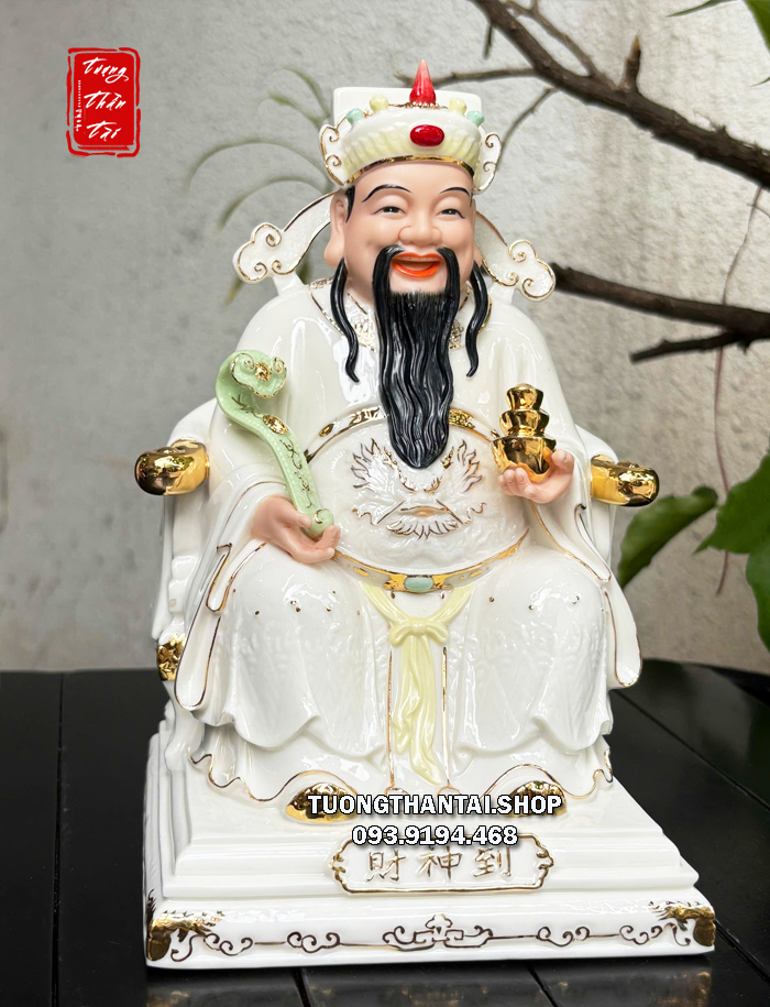 Tượng Thần Tiền như ý thỏi vàng bằng sứ trắng