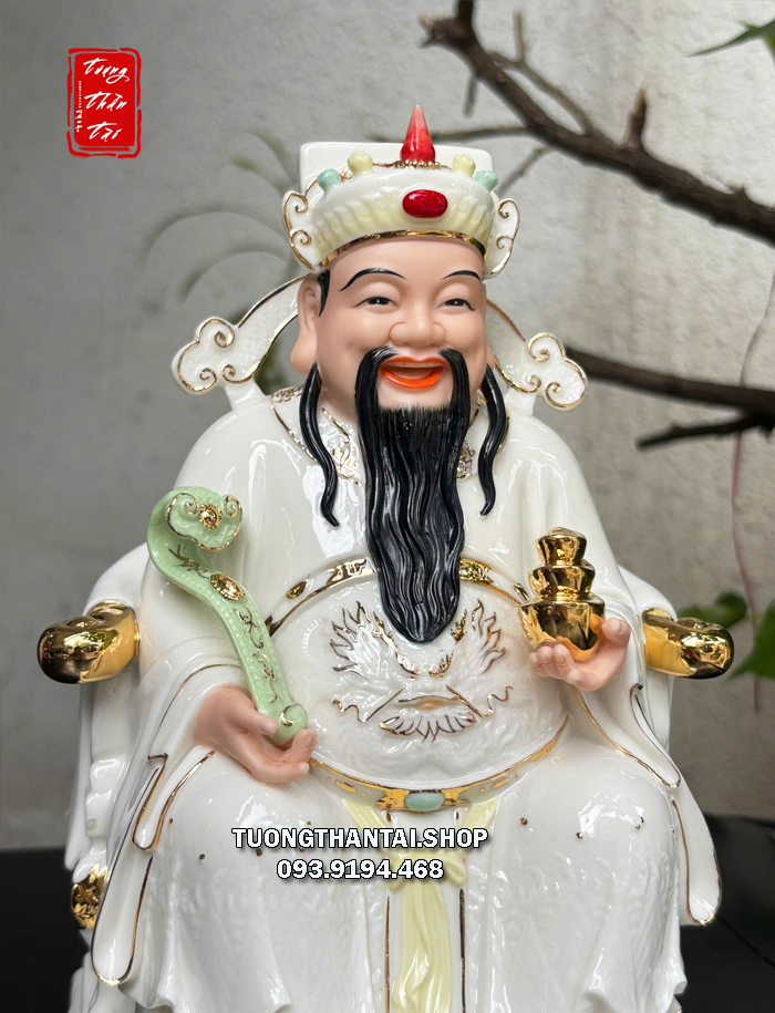 Tượng Thần Tiền như ý thỏi vàng bằng sứ trắng