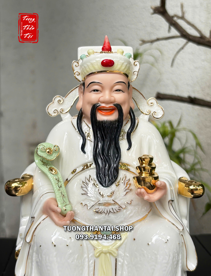 Tượng Thần Tiền như ý thỏi vàng bằng sứ trắng