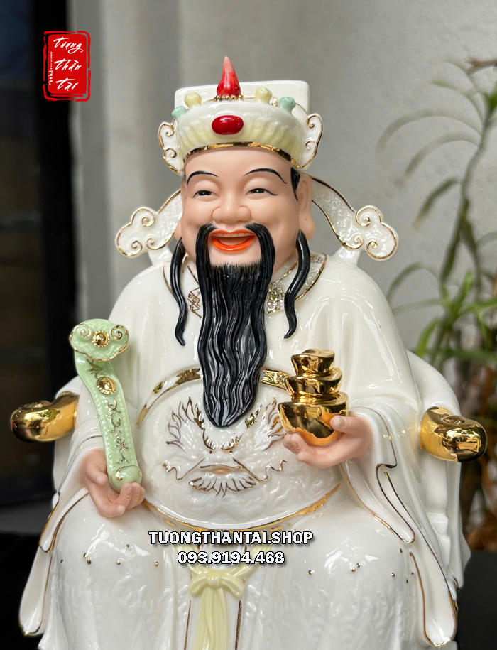 Tượng Thần Tiền như ý thỏi vàng bằng sứ trắng