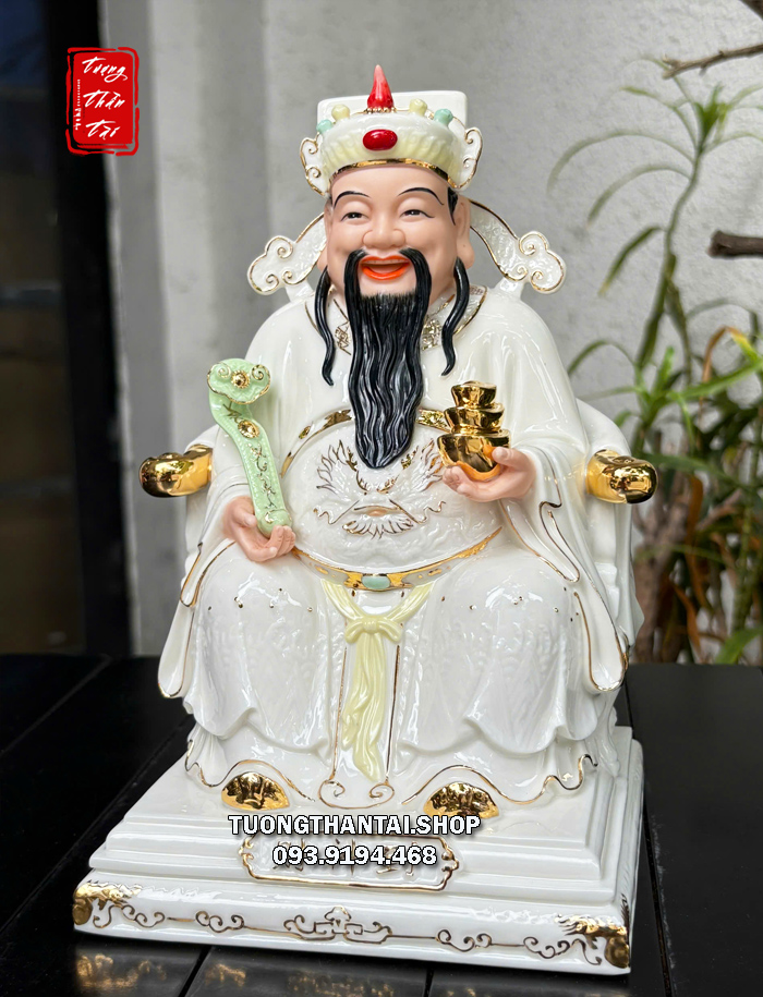 Tượng Thần Tiền như ý thỏi vàng bằng sứ trắng