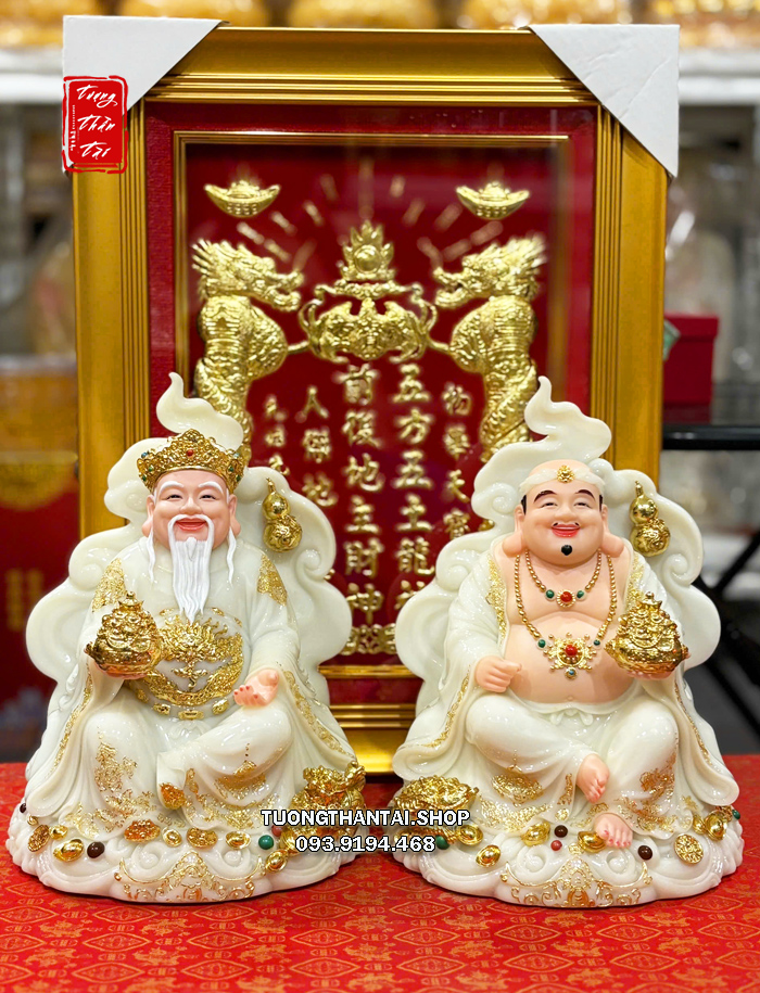 Tượng Thần Tài Thổ Địa ngự mây hồ lô như ý thỏi vàng đá trắng