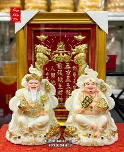 Tượng Thần Tài Thổ Địa ngự mây hồ lô như ý thỏi vàng đá trắng