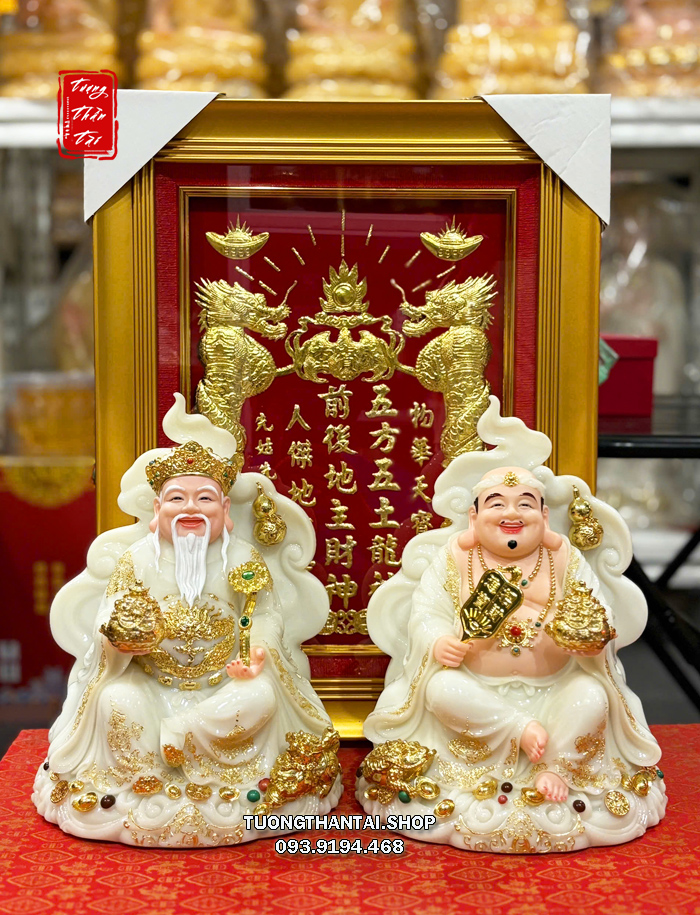 Tượng Thần Tài Thổ Địa ngự mây hồ lô như ý thỏi vàng đá trắng