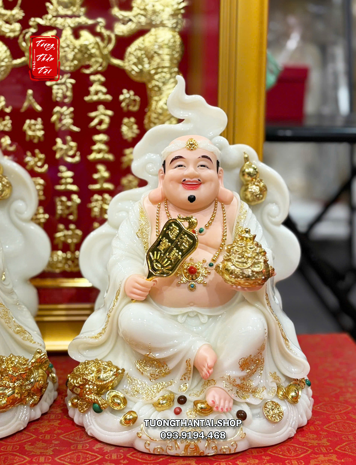Tượng Thần Tài Thổ Địa ngự mây hồ lô như ý thỏi vàng đá trắng