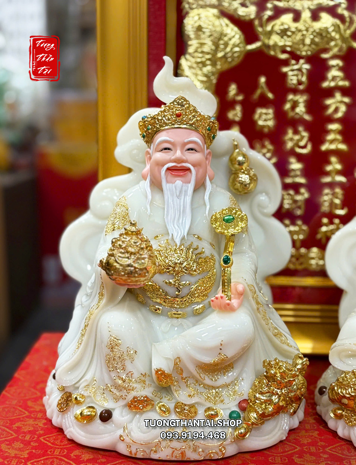 Tượng Thần Tài Thổ Địa ngự mây hồ lô như ý thỏi vàng đá trắng