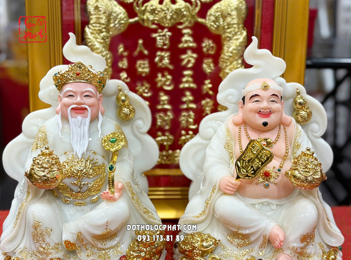 Tượng Thần Tài Thổ Địa ngự mây hồ lô như ý thỏi vàng đá trắng