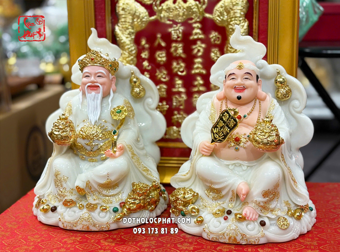 Tượng Thần Tài Thổ Địa ngự mây hồ lô như ý thỏi vàng đá trắng