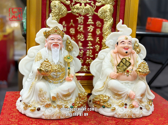 Tượng Thần Tài Thổ Địa ngự mây hồ lô như ý thỏi vàng đá trắng