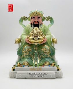 Tượng Thần Tiền ôm hũ vàng bằng bột đá màu xanh ngọc cẩm thạch