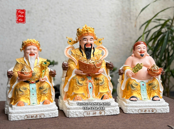 Bộ 3 ông Thần Tài Thần Tiền Thổ Địa hũ vàng ghế rồng gấm vàng