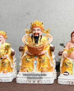 Bộ 3 ông Thần Tài Thần Tiền Thổ Địa hũ vàng ghế rồng gấm vàng