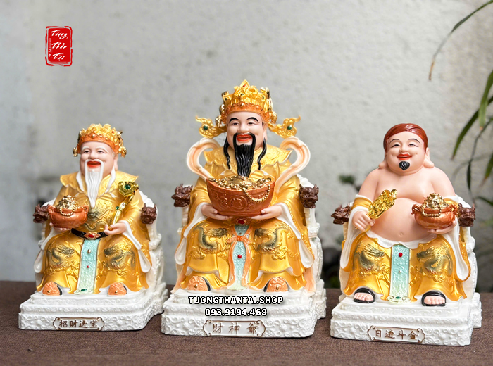 Bộ 3 ông Thần Tài Thần Tiền Thổ Địa hũ vàng ghế rồng gấm vàng