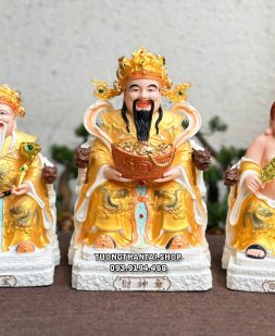 Bộ 3 ông Thần Tài Thần Tiền Thổ Địa hũ vàng ghế rồng gấm vàng