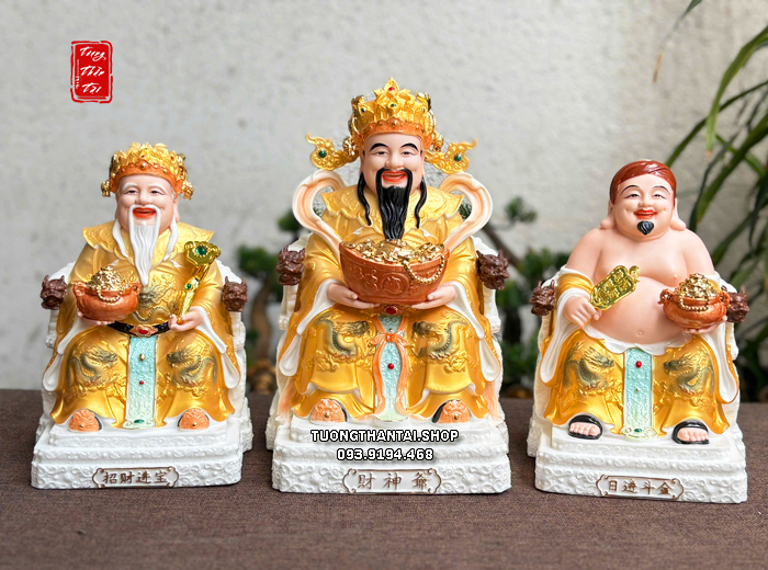 Bộ 3 ông Thần Tài Thần Tiền Thổ Địa hũ vàng ghế rồng gấm vàng