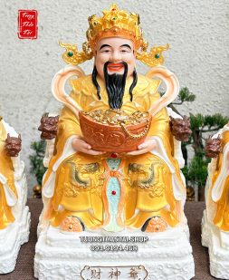 Bộ 3 ông Thần Tài Thần Tiền Thổ Địa hũ vàng ghế rồng gấm vàng