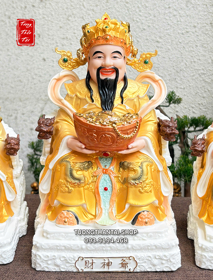 Bộ 3 ông Thần Tài Thần Tiền Thổ Địa hũ vàng ghế rồng gấm vàng