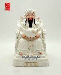 Tượng Thần Tiền ôm hũ vàng ghế tay rồng bột đá trắng