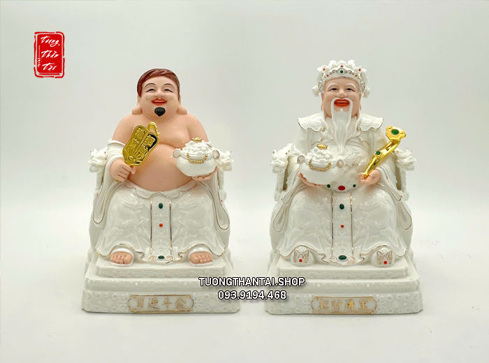 Tượng Thần Tiền Ông Địa hũ vàng ghế rồng nâu sứ trắng