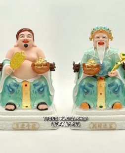 Tượng Thần Tài Ông Địa hũ vàng ghế rồng sứ xanh ngọc