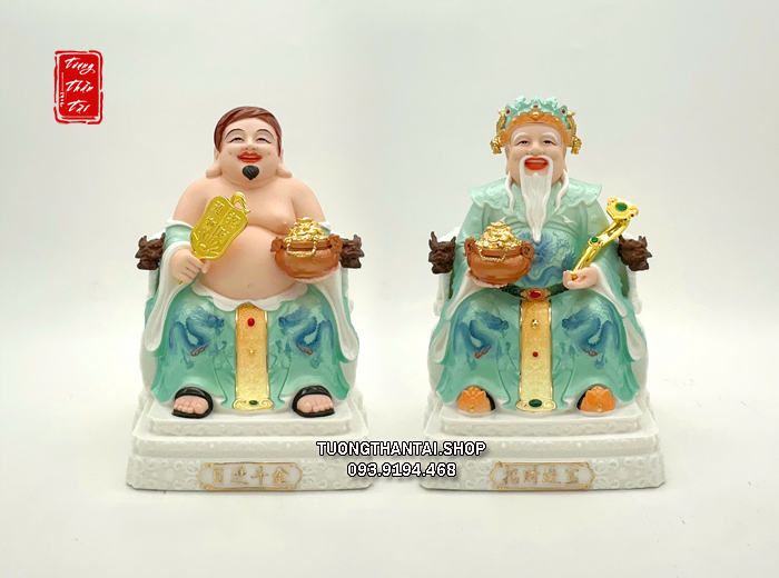 Tượng Thần Tài Ông Địa hũ vàng ghế rồng sứ xanh ngọc