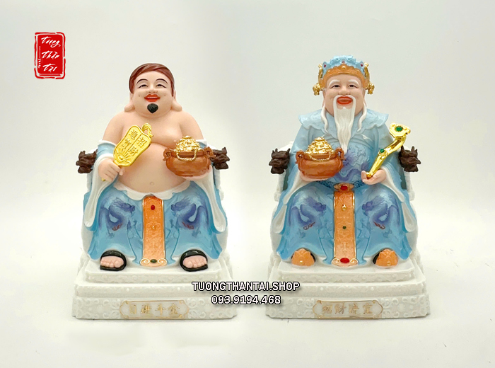 Tượng Thần Tiền Ông Địa sứ hũ vàng ghế rồng xanh thiên thanh