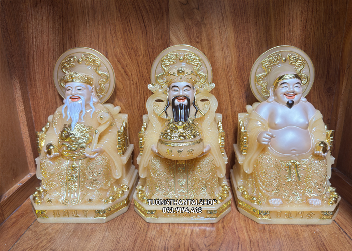 Trọn bộ 3 ông Địa Thần Tài Thần Tiền bằng bột đá thạch anh có hào quang đẹp