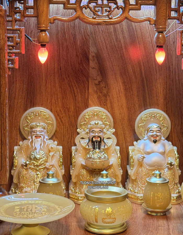 Trọn bộ 3 ông Địa Thần Tài Thần Tiền bằng bột đá thạch anh có hào quang đẹp