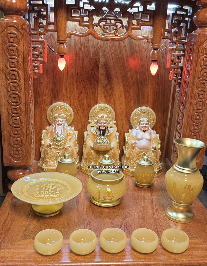 Trọn bộ 3 ông Địa Thần Tài Thần Tiền bằng bột đá thạch anh có hào quang đẹp