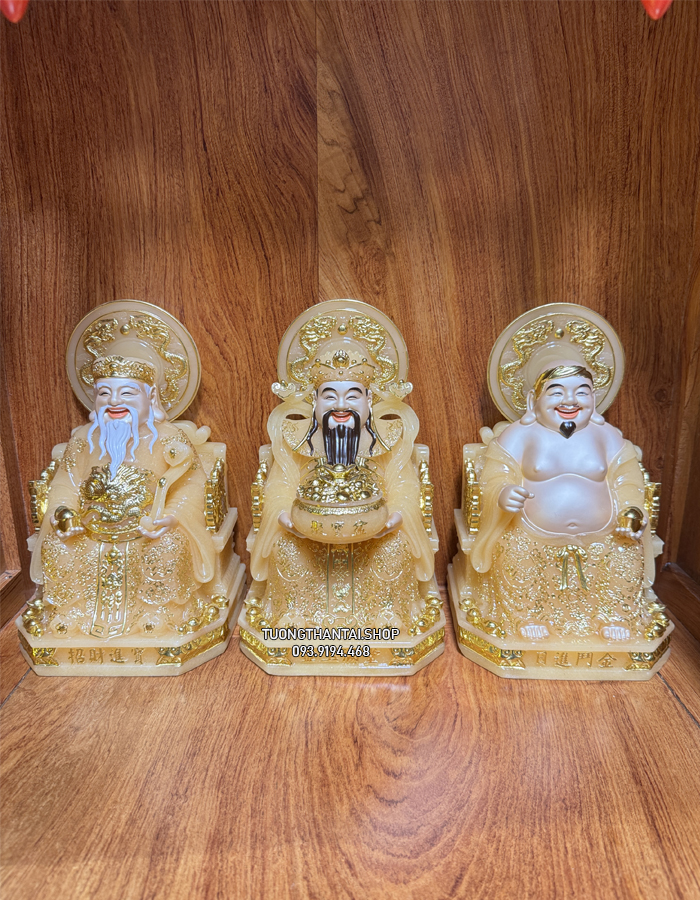 Trọn bộ 3 ông Địa Thần Tài Thần Tiền bằng bột đá thạch anh có hào quang đẹp